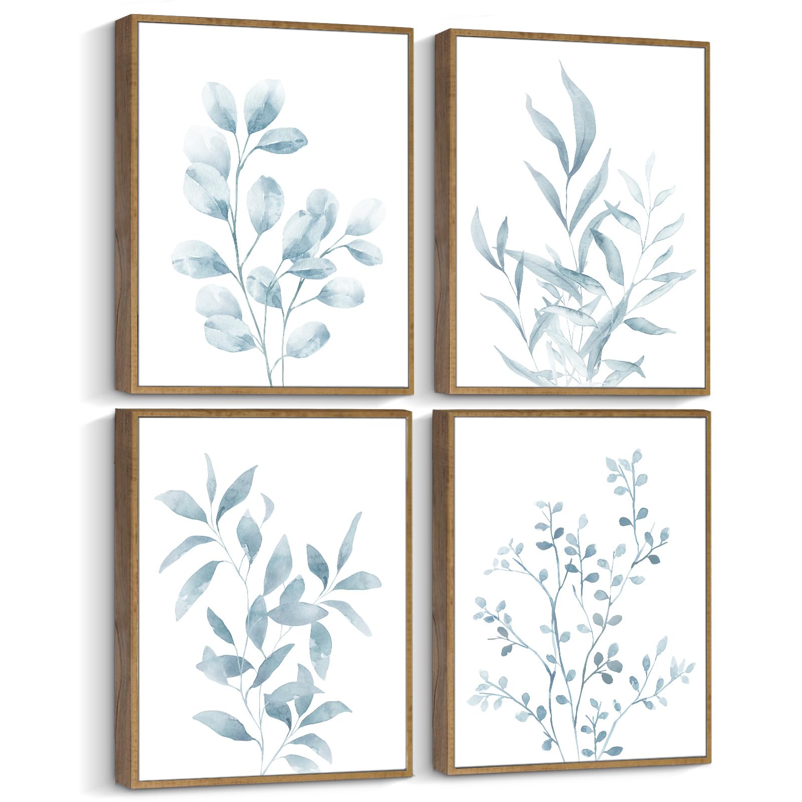 Pinetree ArtFramed Botanical Canvas Wall Art Set of 4 for Bathroom Cute Wooden Boho Minimalist Green Plant Print for Rustic Farmhouse Home Kitchen Bedroom Wall Decoration 12" x 16"