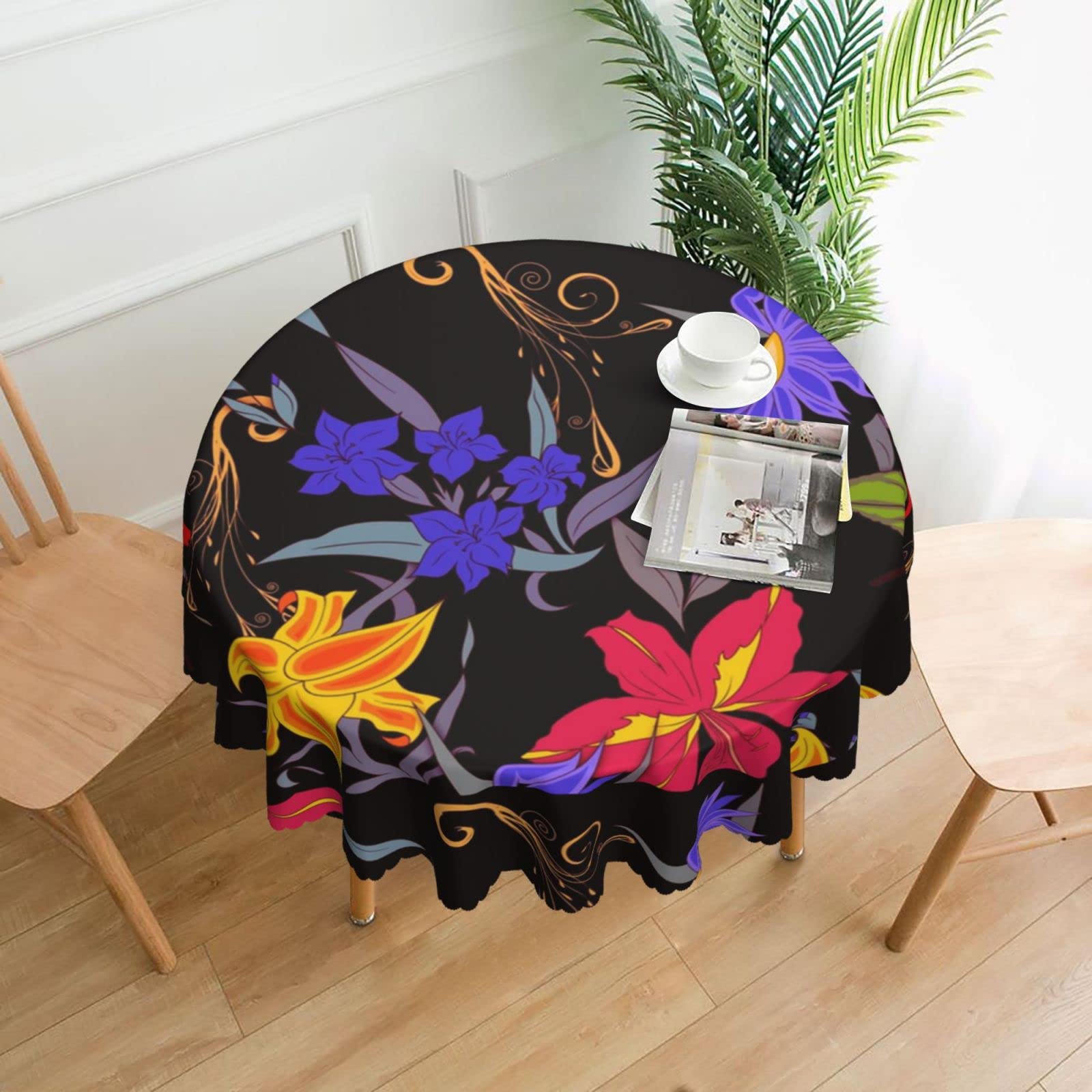 Amazon|黒のカラフルな花 テーブルクロス 撥水加工 円形 食卓 Amazon|黒のカラフルな花 テーブルクロス 撥水加工 円形 食卓