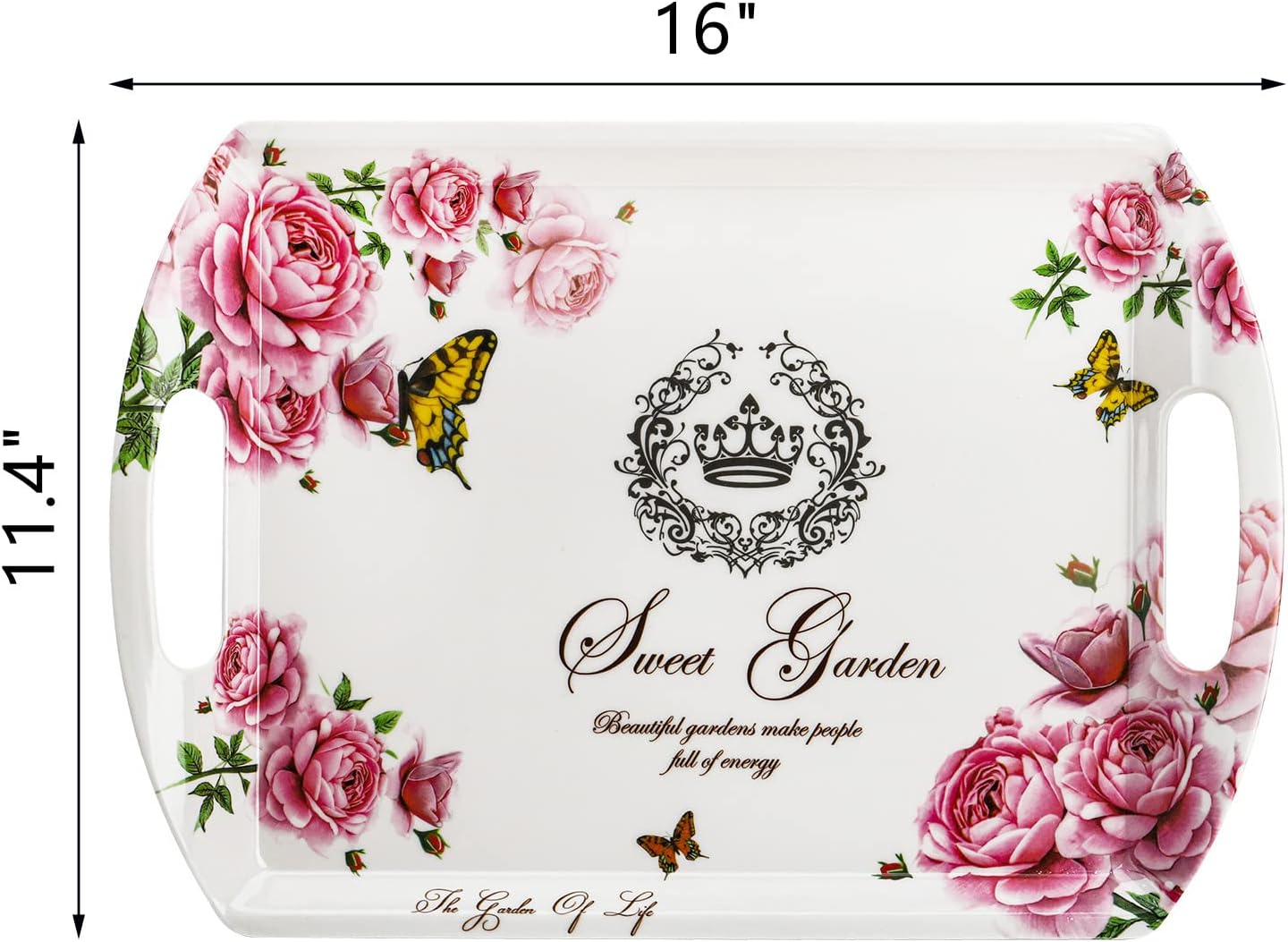 ZEAYEA 4 Pack Melamine Serving Tray, Large Serving Platter with Handle for Eating, 16" x 11.4" Rectangular Stackable Food Tray with Floral Print for Home, Party, Restaurant, Picnic