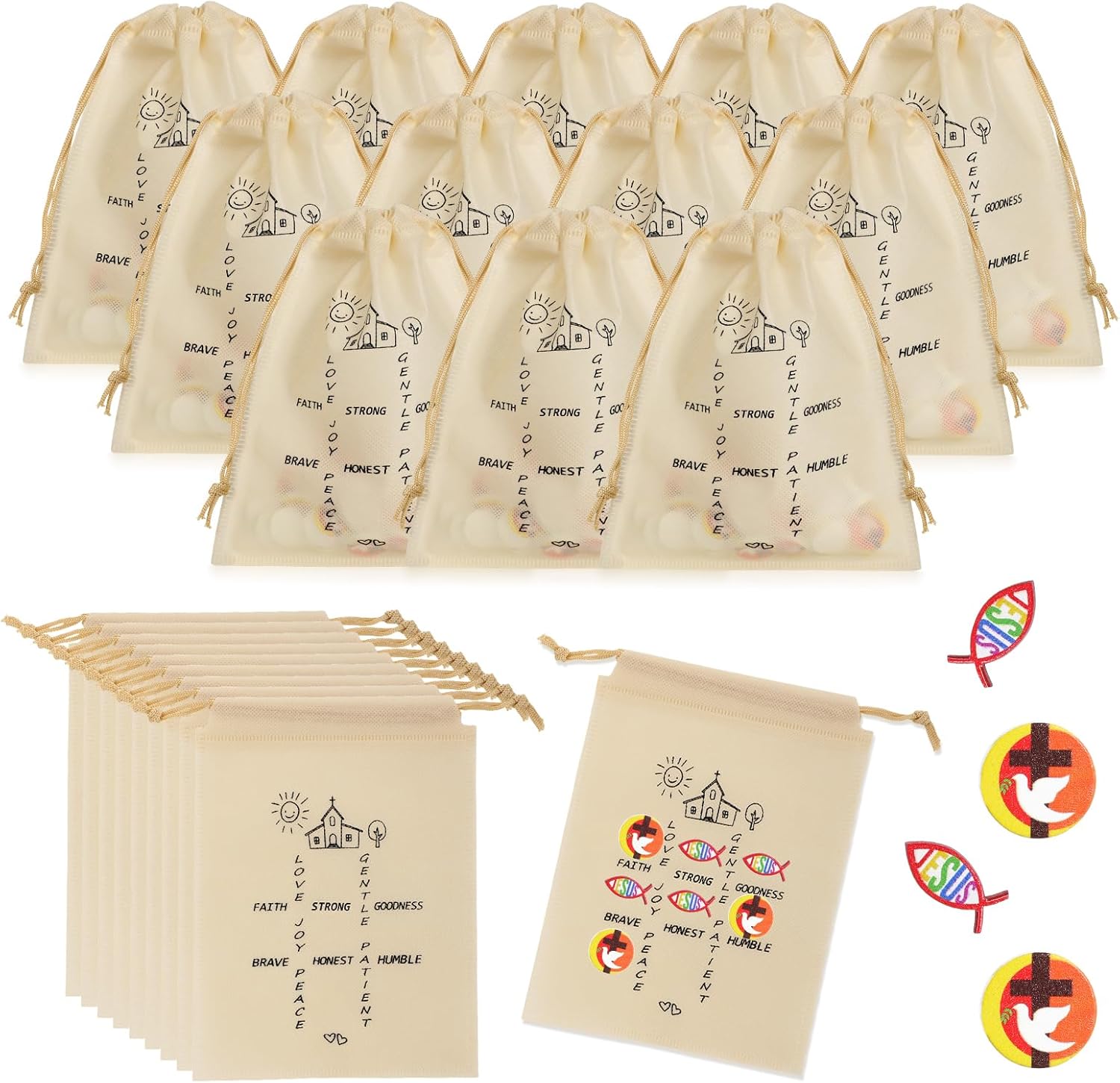 Sumind 36 Set Christian Tic Tac Toe Game Graduation Gift for Kids Religious Party Favors with Jesus Bible Mini Wooden Jesus Fish Game Drawstring Bag Sunday School Gifts for Kids Prize Church Supplies