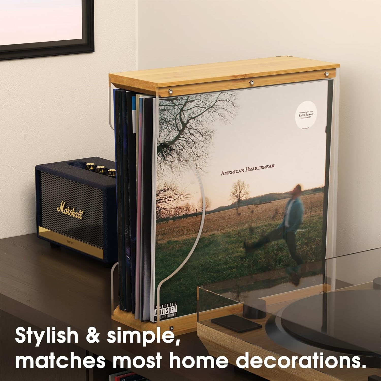 TAKMORK Vinyl Record Display Storage Holder: Acrylic Solid Wood Records Organizer Rack Tabletop Albums Storage Stand Holder Vinyl LPs Vertical Display Crate