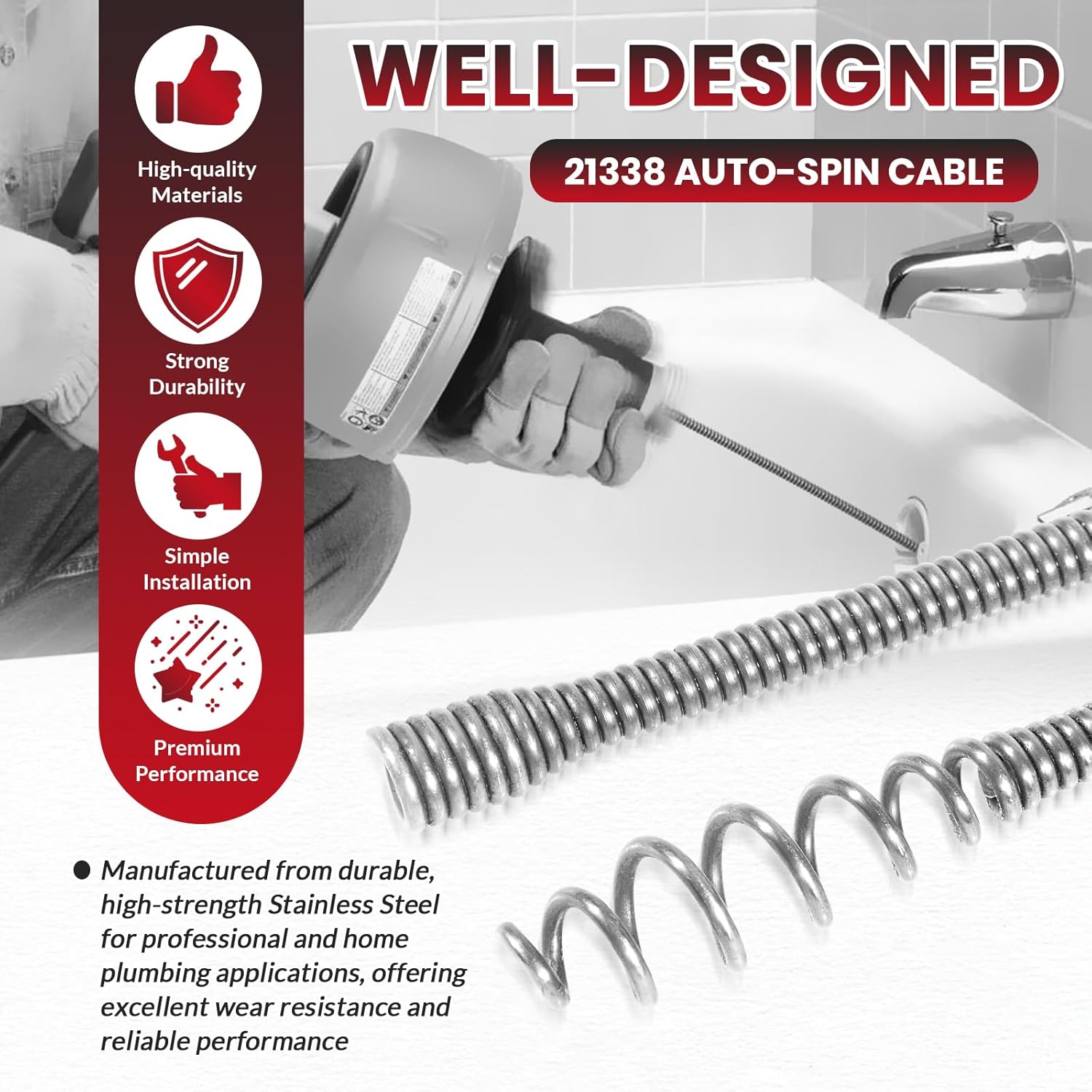 21338 Auto-Spin Replacement Drain Cable 1/4" x 30' for RIDGID K-45 Auto-Spin Sink Drain Machine, Sink Drainer Snake Cable, Silver