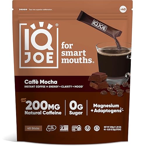 IQJOE - Paquetes de café instantáneo de tostado oscuro con melena de león - New Caffè Mocha - Café sin azúcar, keto, café vegano con L-treonato de
