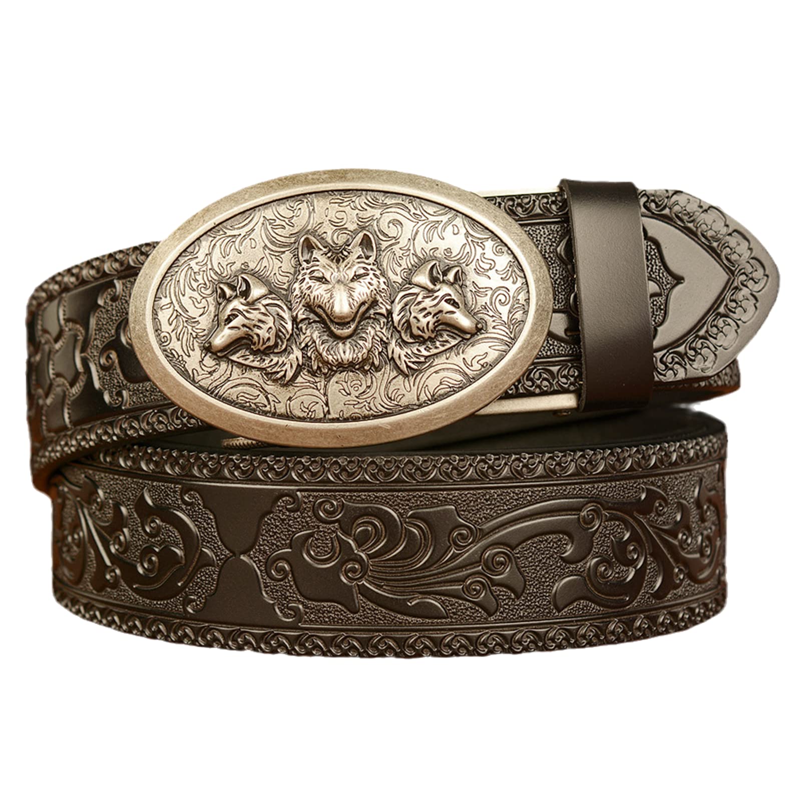 Cinturón De Vestir Cuero Con Trinquete, Hebilla Ovalada Plateada, Estilo Gótico Occidental, Deslizante Y Automático, For Hombre