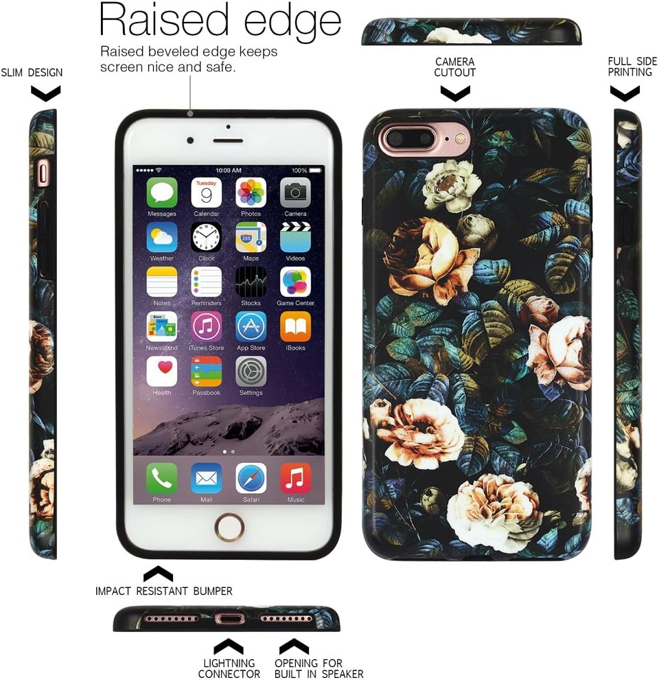 NASOUSA iPhone 7 Plus for Girls,Cute case,IMD Printing Slim-Fit Ultra-Thin Anti-Scratch Shock Proof Dust Proof Anti-Finger Print TPU Case for iPhone 8 Plus(5.5 inch) Black Floral #20