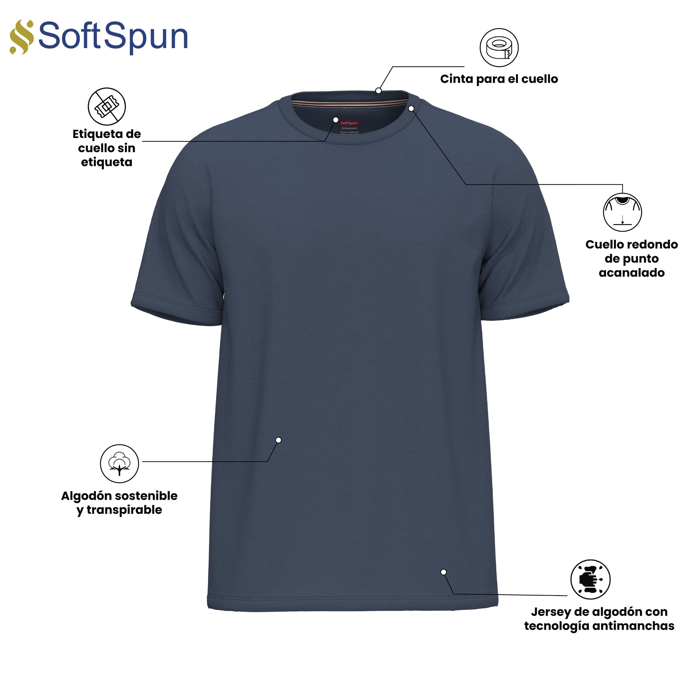 SoftSpun Pack 6 Camisetas Hombre Algodón 100% | Camiseta Básica Cuello Redondo | Camisetas Confort para Uso Diario