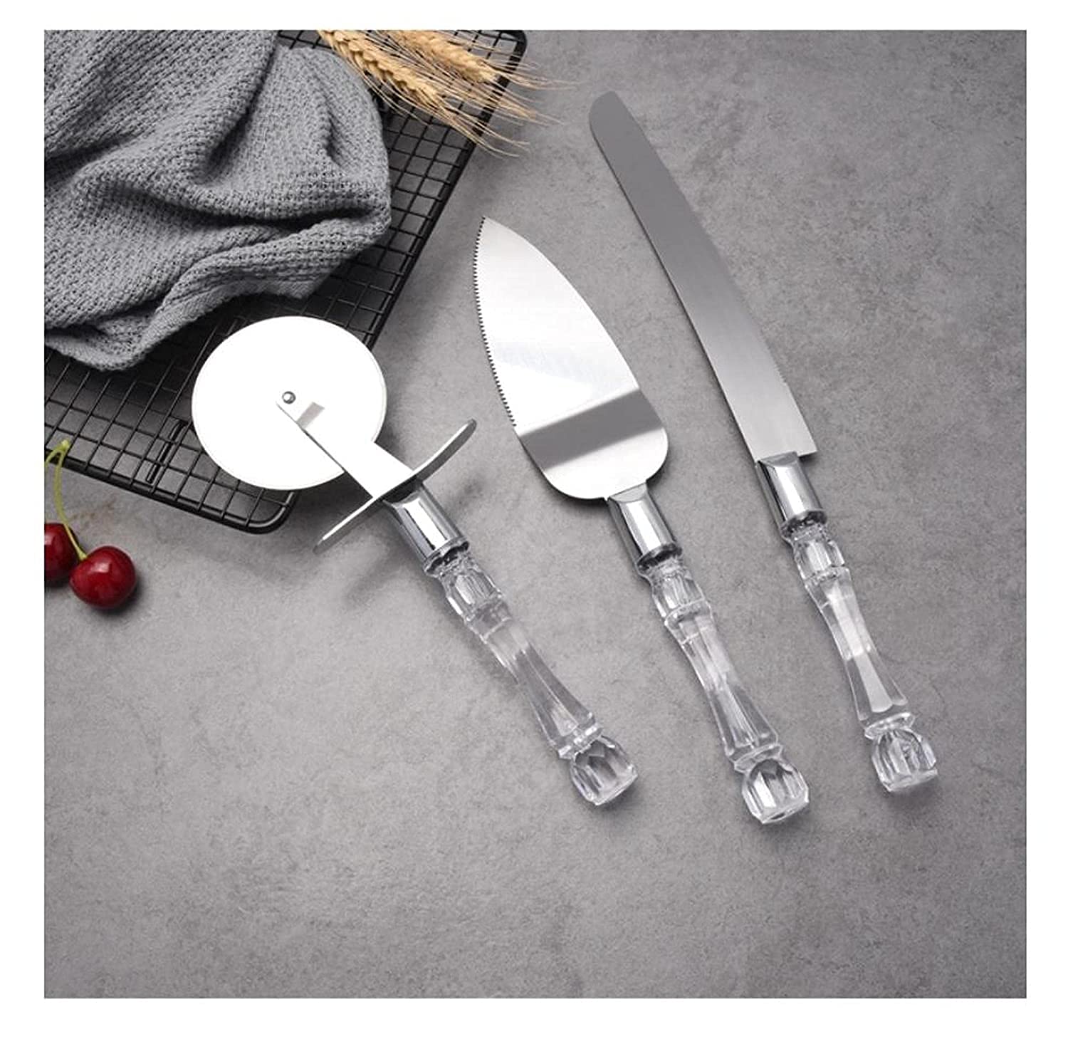 OVEERA (2 PC Stainless Steel Cake Serving Set - 1 PC Cake Cutting Knife + 1 PC Cake Server Cake D�cor with Crystal Handles for Weddings, Birthdays, Cakes, Gifts
