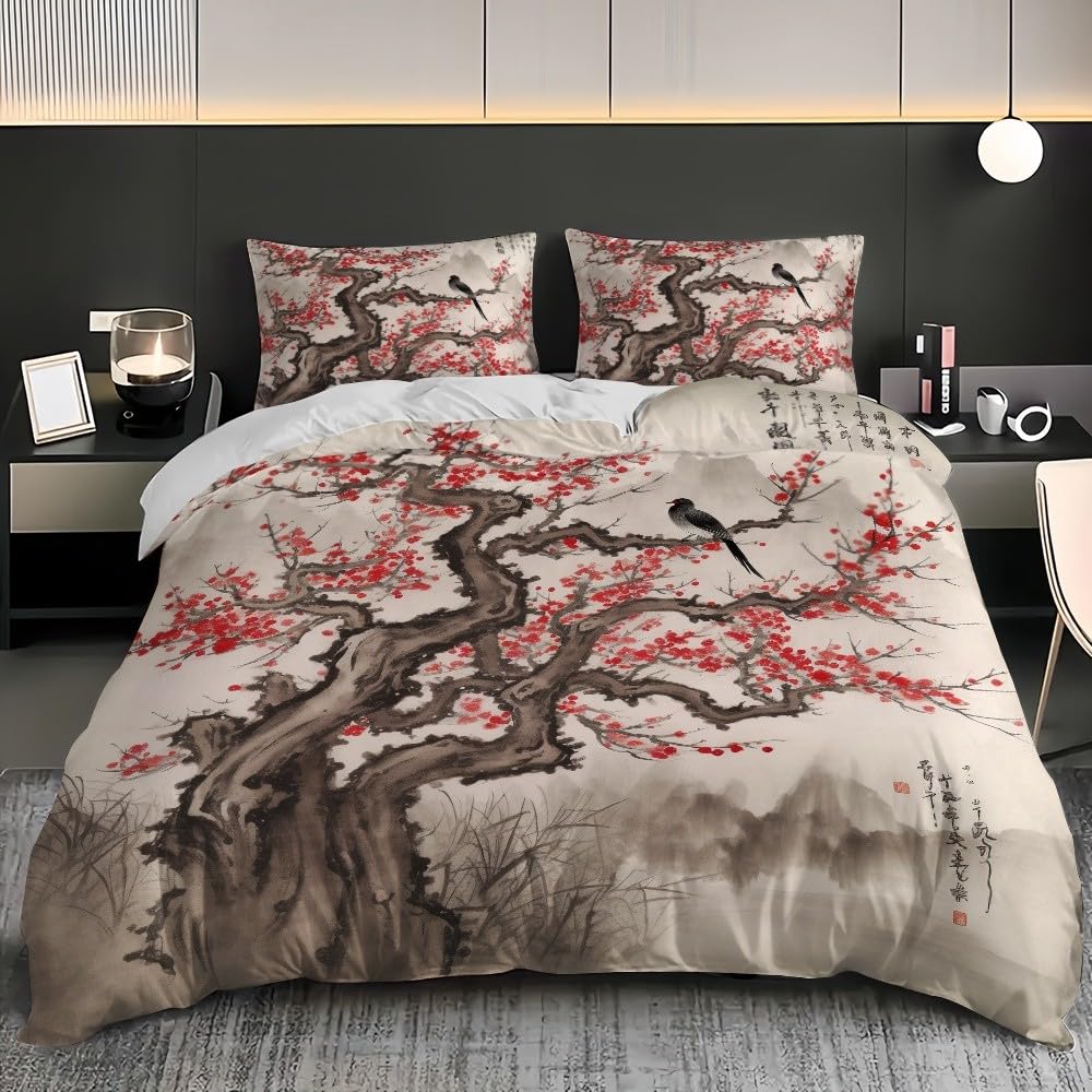 3-częściowy zestaw pościeli z mikrofibry malowanie tuszem kwiaty śliwki kwiaty poszwa na kołdrę 260 x 240 cm dla 2 osób, zestaw pościeli brązowy miękka poszwa na kołdrę dla dzieci dorosłych