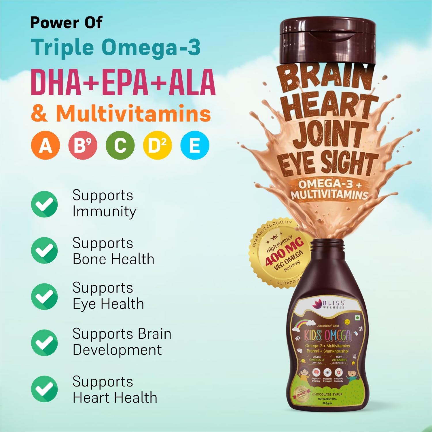 Bliss Welness Junior Bliss Kids Omega 3 6 9 + Multivitamins | Omega-3 DHA EPA ALA Vitamin A C D E | Focus Concentration Memory IQ Eyesight Immunity Brain Health Supplement (500 GM) — Amazon image 4