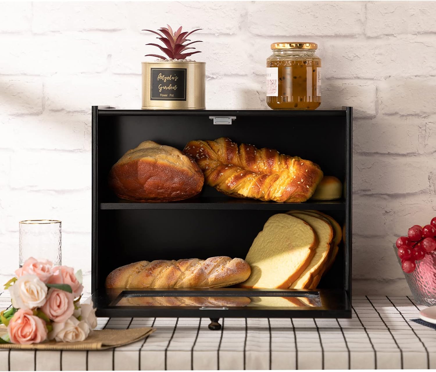 PARANTA Bamboo Bread Box 2-Layer Large Capacity Countertop Bread Storage with Transparent Window, Suitable For Kitchen Or Dining Brown
