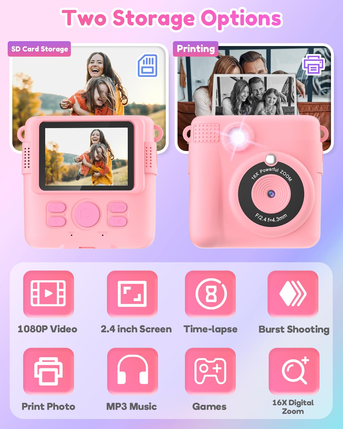 YORKOO Kids Instant Camera with Photo Paper, 1080P HD Digital Camera for Girls, Creative Gift for Children Age 4-10, Video Recorder, 32GB SD Card - Pink — view 2