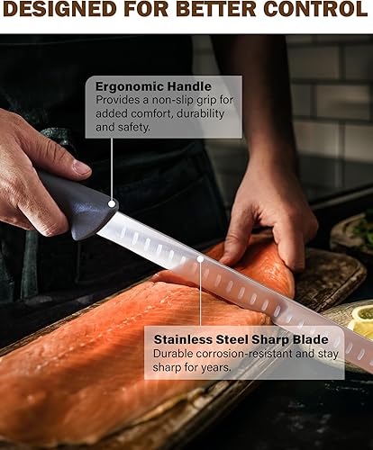 Vista 3 de Cook N Home Cuchillo para cortar asado/pescado de 11 pulgadas, cuchillo de cocina afilado de acero inoxidable de alto carbono con borde Granton