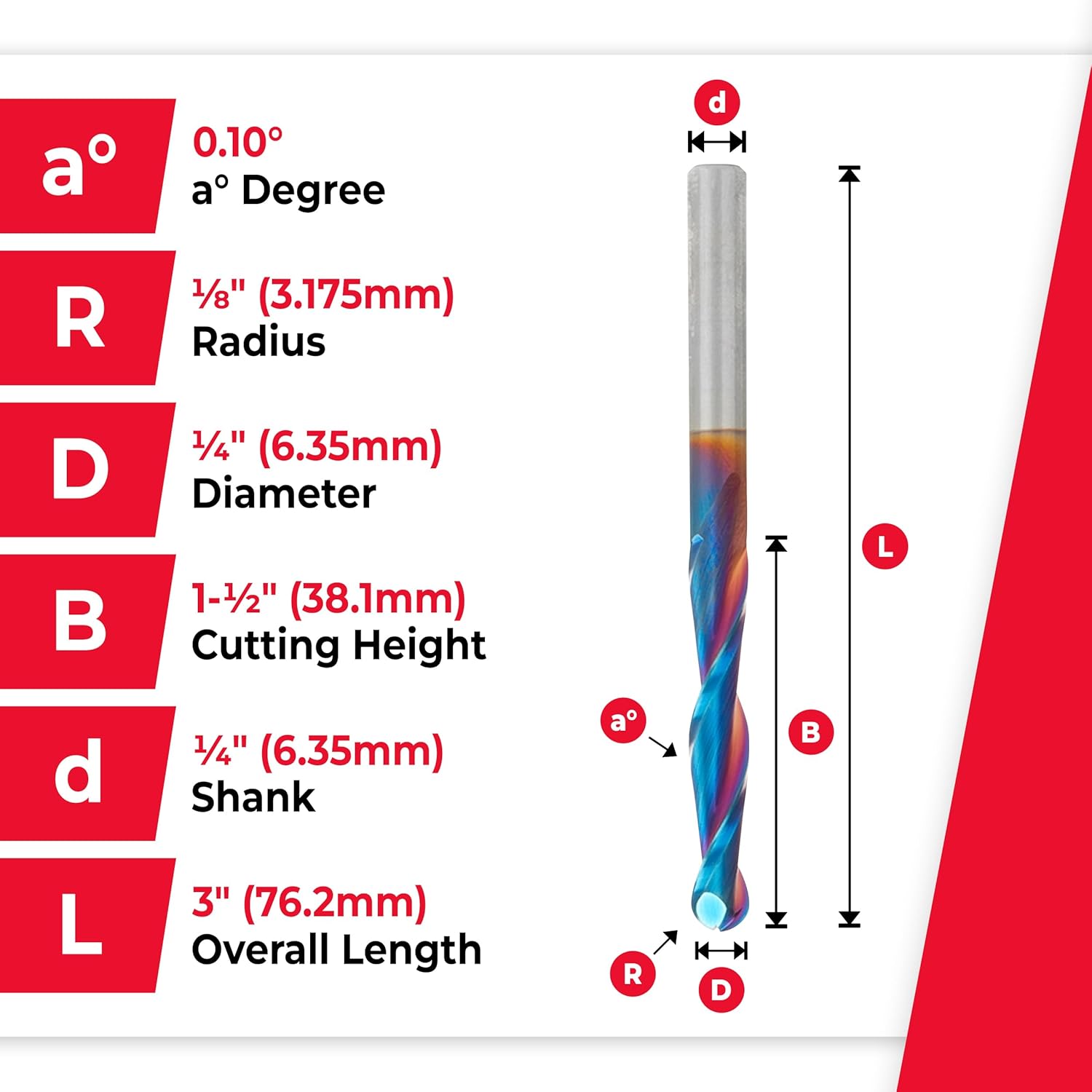 Amana Tool Carbide Up Cut Spiral CNC Router Bits for 2D/3D Carving, 46294-K, 0.10 Deg Straight Angle Ball Tip 1/4 D x 1/8 R x 1-1/2 x 1/4 Sh 2 Flute