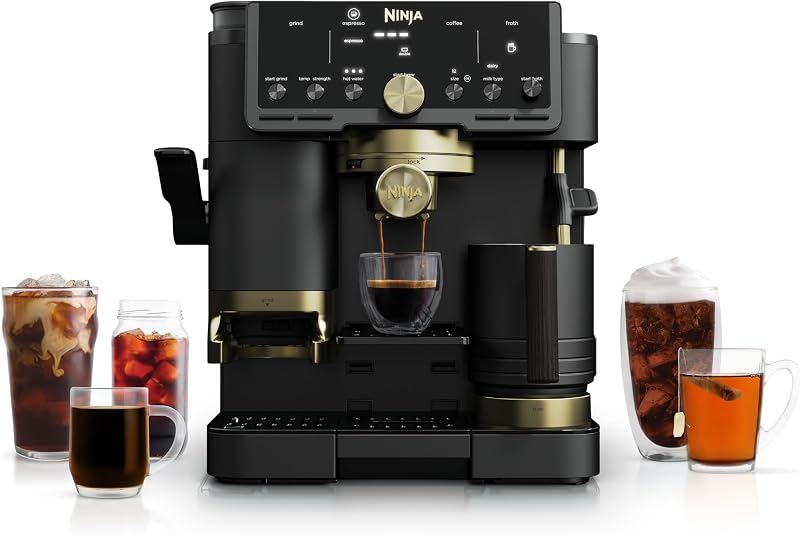 Luxe™ Café Pro diseñado por David Beckham, máquina de café expreso, café por goteo, preparación en frío, agua caliente, manipulador integrado, molinillo incorporado, espumador manos libres para café con leche y más, negro/dorado, ES771BK