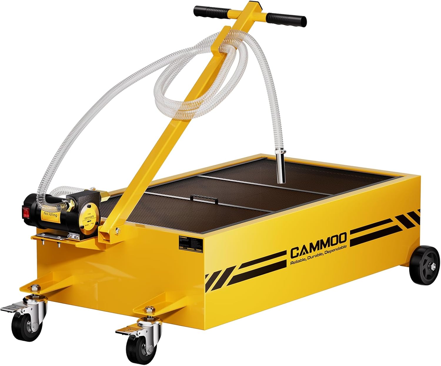 CAMMOO 25 Gal Electric Oil Drain Pan, 110V High-Flow Pump, 9.8 FT Hose, 200 W Motor, 2 Locking Swivel Casters and 2 Directional Wheels Stable, Folding Handle, Heavy-Duty for Trucks, RVs, SUVs, Yellow