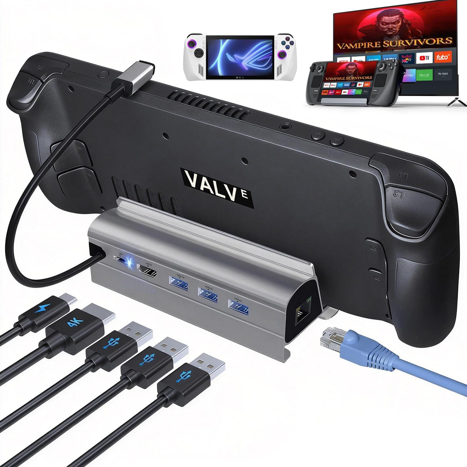 - Docking Station for Steam Deck ROG Ally, 6 in 1 Stream Deck Dock with HDMI 2.0 4K@60Hz, 1000Mbps Gigabit Ethernet, 3 USB-A 3.0 and 100W Full Speed Charging USB-C Port Compatible with Valve Steam Deck