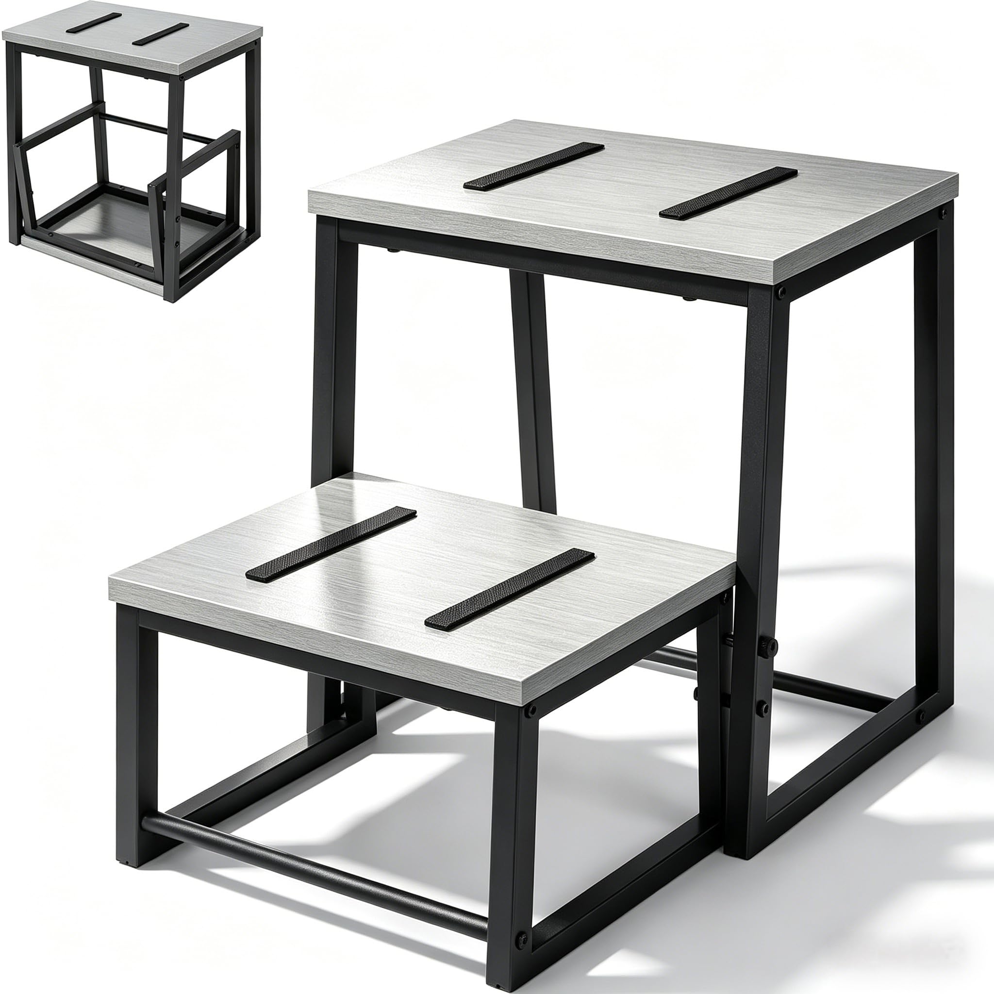 smusei Sgabello pieghevole a 2 gradini, per adulti e bambini, 3 in 1, stabile, in legno, rimovibile, per cucina, bagno, camera da letto, WC, capacità di carico 200 kg, colore: grigio
