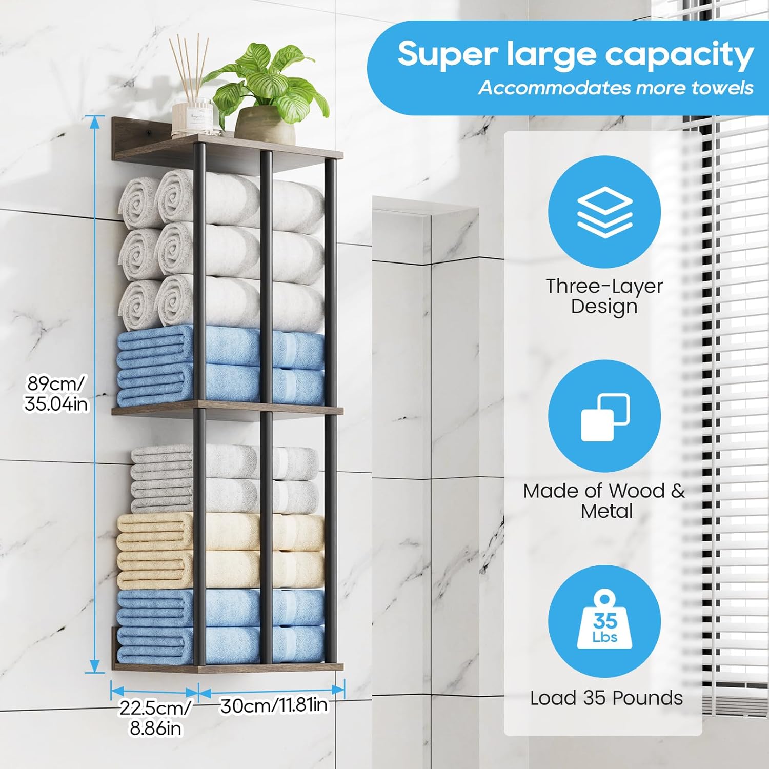 Towel Racks for Bathroom Wall Mounted with Wooden Storage Shelf, Updated 3 Bar Metal Towel Holder for Rolled Towels, Sturdy and Large Capacity, Towel Storage Organizer