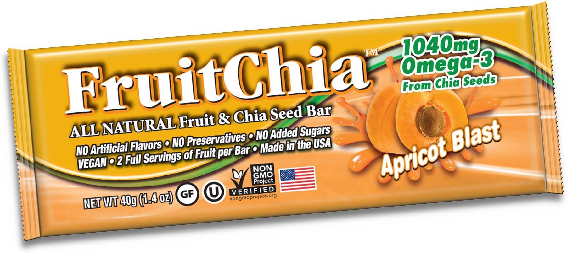 FruitChia Chia Bar - All Natural / Real Fruit & Chia Seed Bar With Omega-3 Healthy, Tasty & Certified Gluten-Free, Vegan, Non-GMO & Kosher ALL FRUIT GROWN and bar MADE IN THE USA, in our WA facilty! (Apricot, 20-Pack Bars)