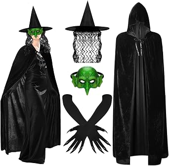 Jansun 4 PCS Halloween Witch Costumes, Hooded Cape Witch Hat Old Foam Goblin Half Face Eagle Nose Sorceress Mask Black Long Paw Gloves Cloak Horror Wizard Dress Up Halloween Cosplay Costume