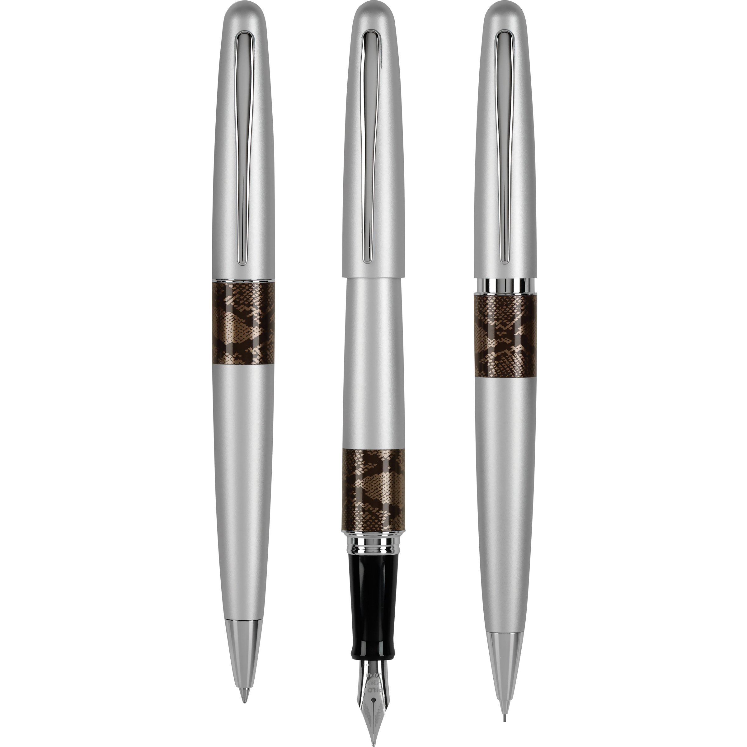 Pilot MR Animal Collection Fine Nib Fountain Pen, Medium Point Ball Point Pen & Extra Fine Mechanical Pencil Set in Gift Box, Matte Silver Barrel with Python Accent, Refillable Black Ink (91245)