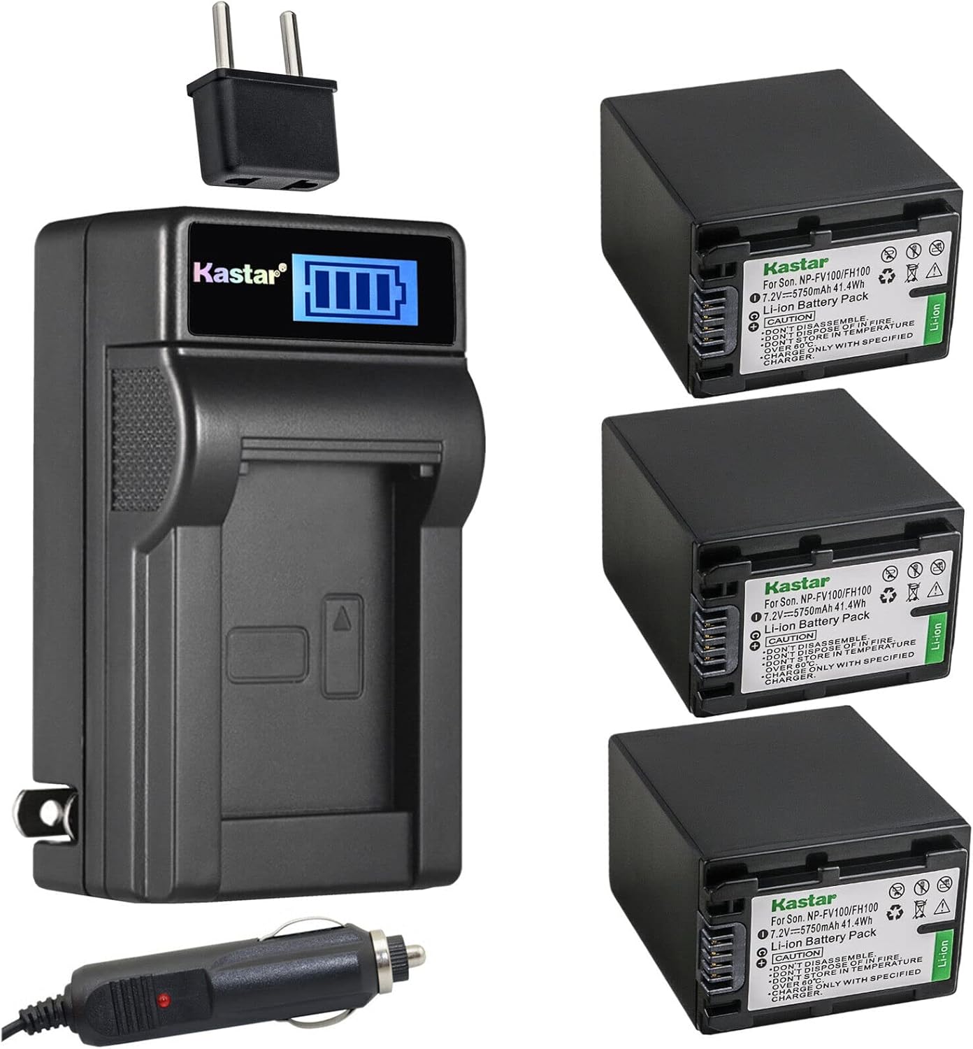 Kastar 3-Pack NP-FV100 Battery and LCD AC Charger Compatible with Sony NP-FV30, NP-FV50, NP-FV70, NP-FV90, NP-FV100 Battery, Sony HDR-XR160, HDR-XR260, HDR-XR350, HDR-XR350VE, HDR-XR550