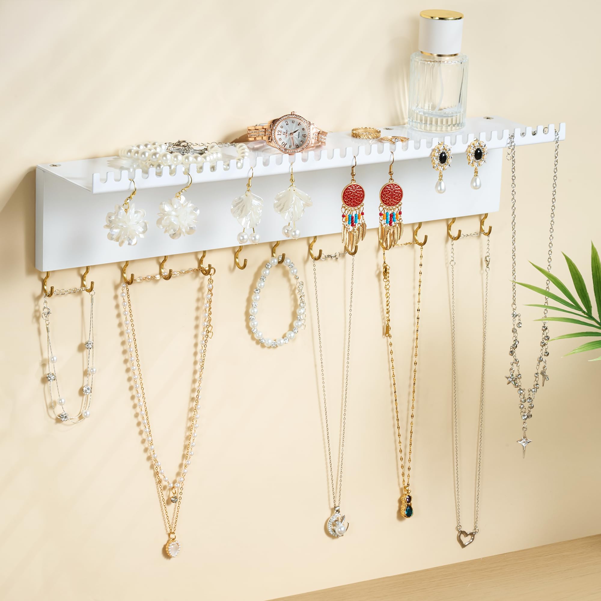 JosmimicJosmimic Necklace Holder Wall Jewelry Organizer: Wall Mount Adhesive Shelf with 13 Hooks and 38 Slots, Hanging Storage for Necklaces, Bracelet, Gold and White