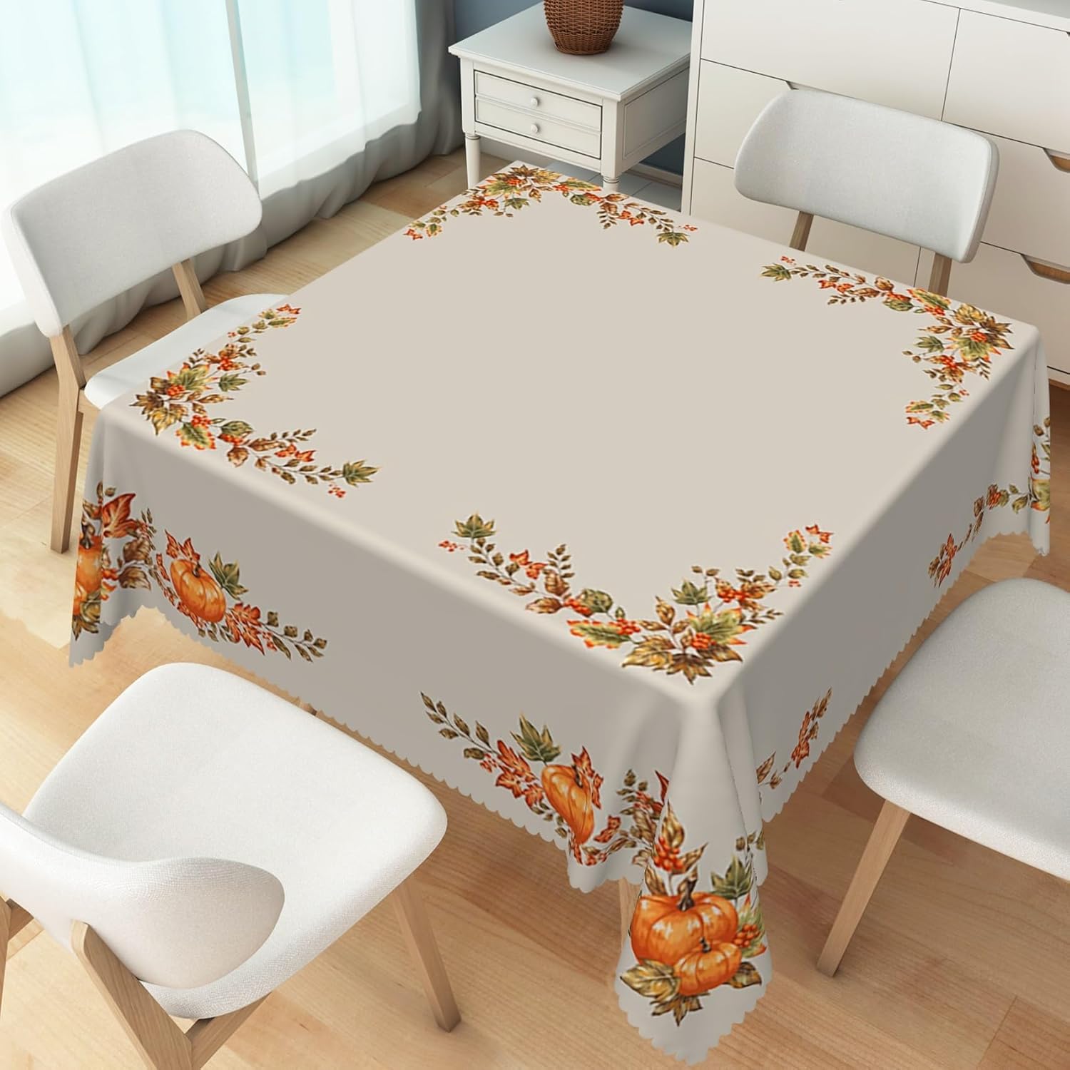 60x60inches Thanksgiving Traditions Autumn Harvest Square Tablecloth Autumn Fall Leaves Pumpkin Patch Bordered Fabric Table Cloth Waterproof Table Cover for Kitchen Dining Room Home Decor