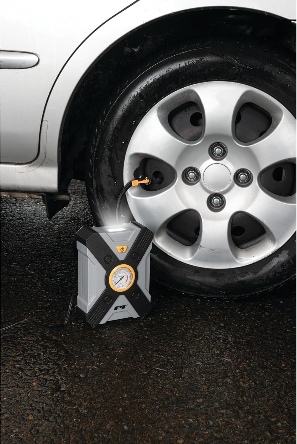Performance Tool Vortex W7901 12V Rapid Tire Inflator w/LED Light Lever-Locking Air Chuck, Long Power Cord, Three Nozzles, Gray