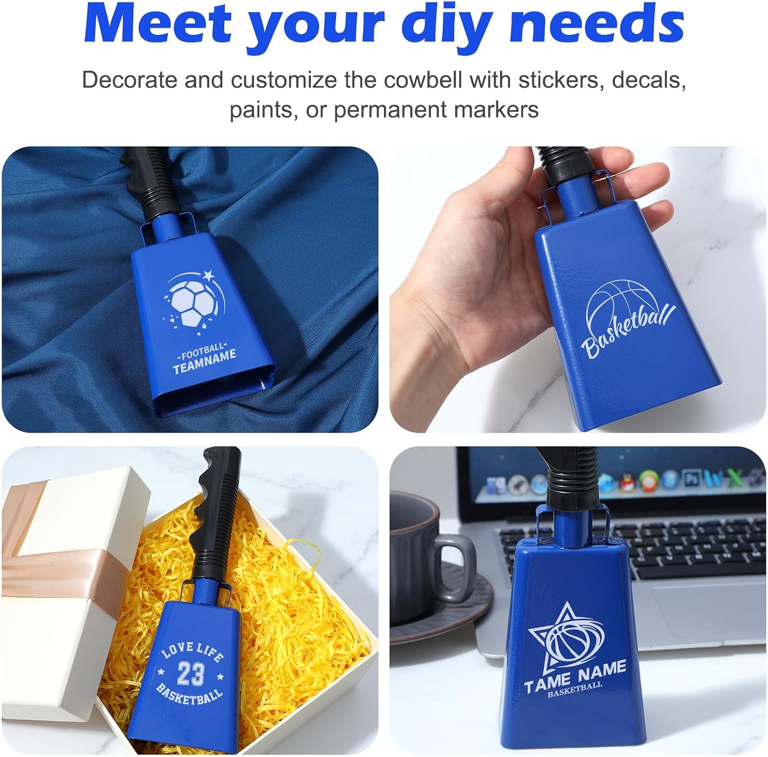 4 Pack 9-Inch Blue Cow Bells for Sporting Events - Blue Cowbell with Handle, Loud Metal Cheering Bell for Football Games, Stadium Noise Makers, Bulk Cowbells Instrument