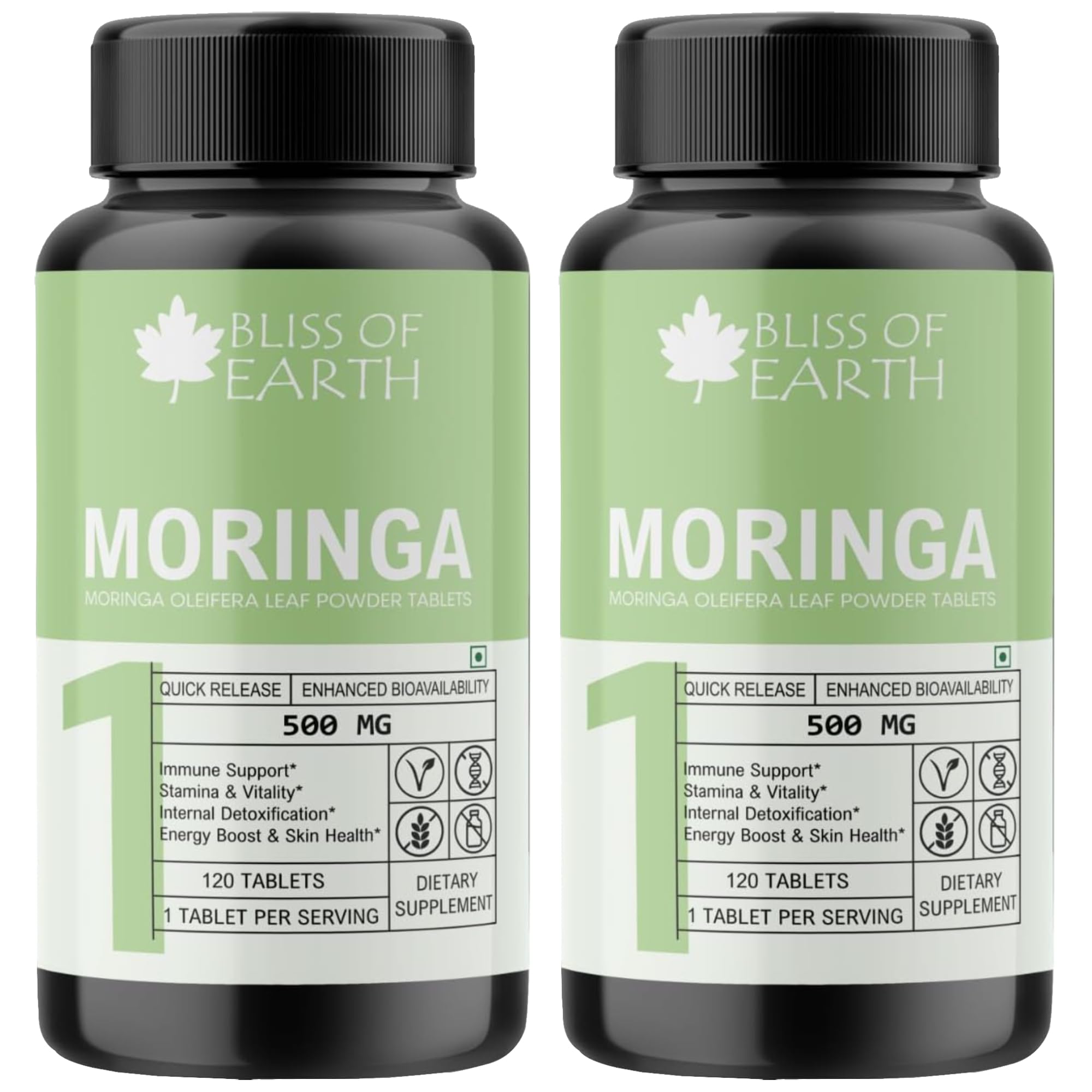 BLISS OF EARTHHigh Purity Moringa Oleifera Tablets 500gm With Quick Release & Enhanced Bioavailability, Green Superfood Supplement, 120 Tablets (Pack Of 2)