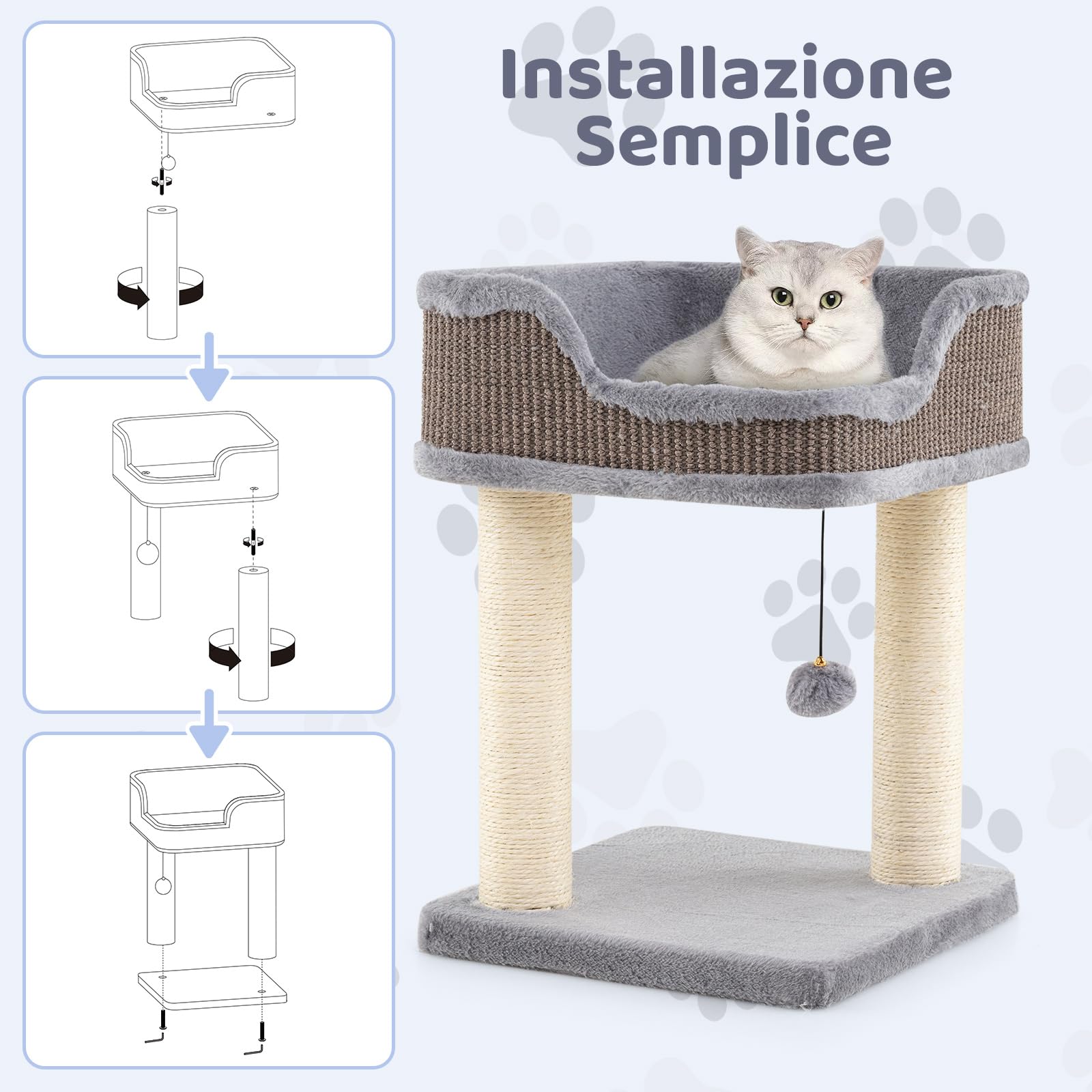 COSTWAY Albero per Gatti 38 x 38,5 x 51 cm, Tiragraffi per Gatti con Posatoio in Peluche, Pali Graffianti in Sisal e Palla Pendente, Centro Attività Moderno per Animali Domestici (Grigio)