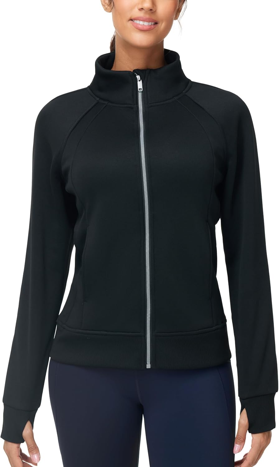 THE GYM PEOPLE Women's Full Zip Up Workout Sweatshirts Fleece Stand Collar Fall Jackets with Pockets Thumb Hole - Image 2