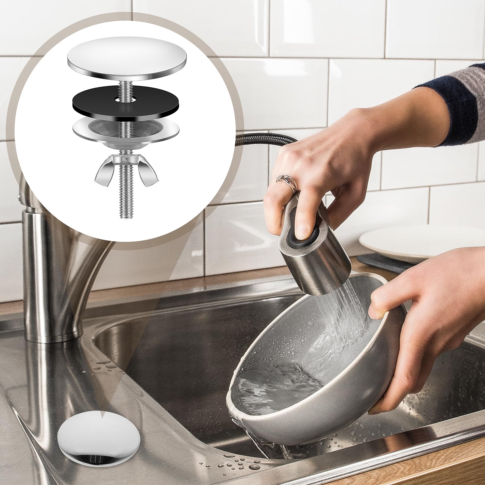Cubierta para agujero de fregadero, cubierta de acero inoxidable, tapa de agujero de fregadero de cocina, accesorios de fregadero para decoración del hogar, cocina y baño (plateado)