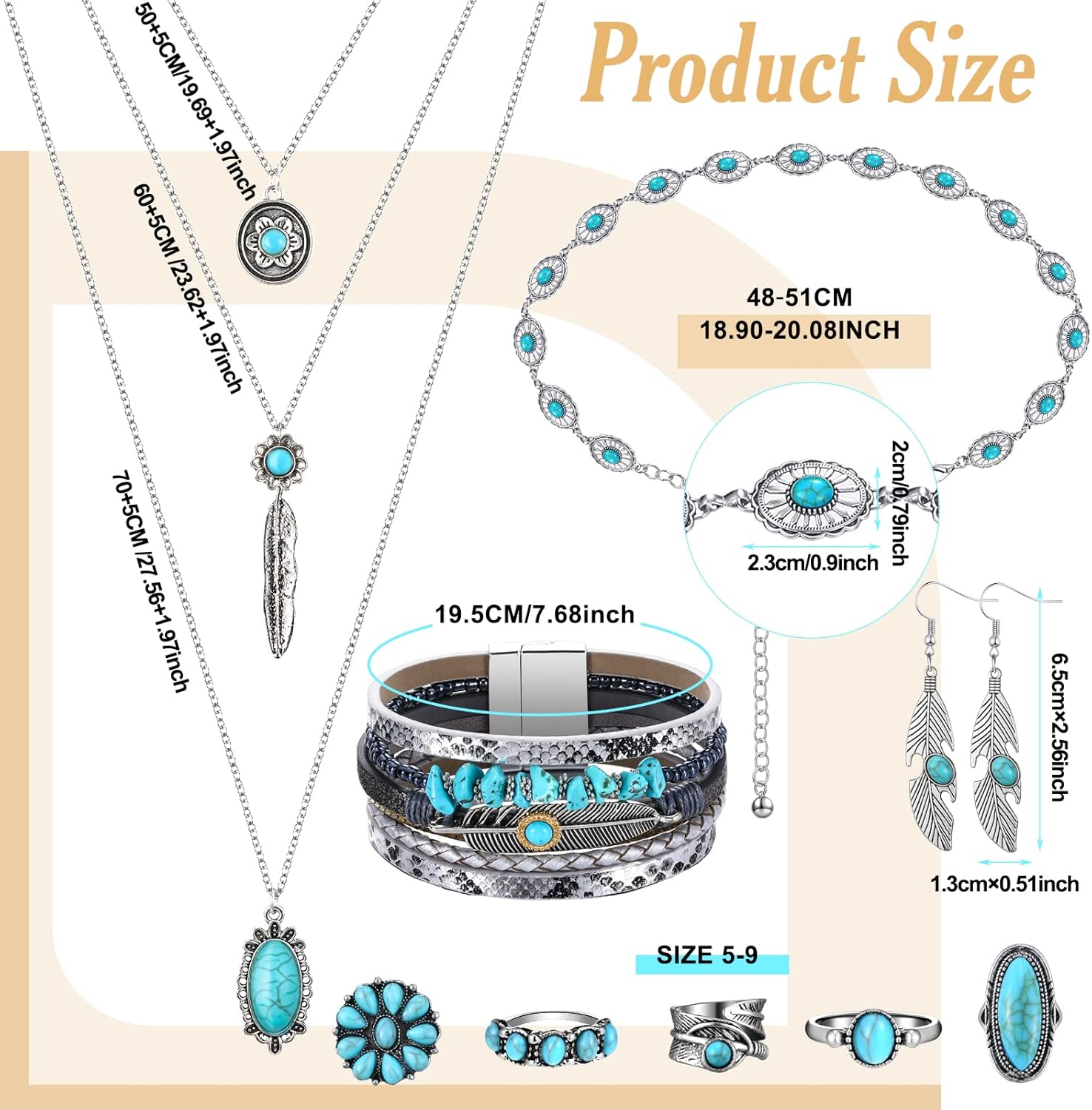 Geyoga 9 Pcs Western Jewelry For Women Bohemian Turquoise Jewelry Set Turquoise Necklace Dangle Earrings Rings Waist Chain Western Bracelets for Women Holiday Gift - Image 3