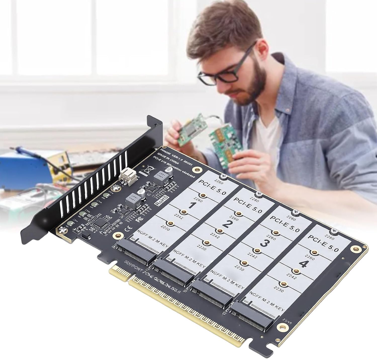 Gugxiom M.2 PCIe 5.0 Adapter Card, 4-Port NVMe SSD to PCIe x16 Expansion Card, Supports 3.0/4.0/5.0 Bifurcation, 4x128Gbps, LED Indicators