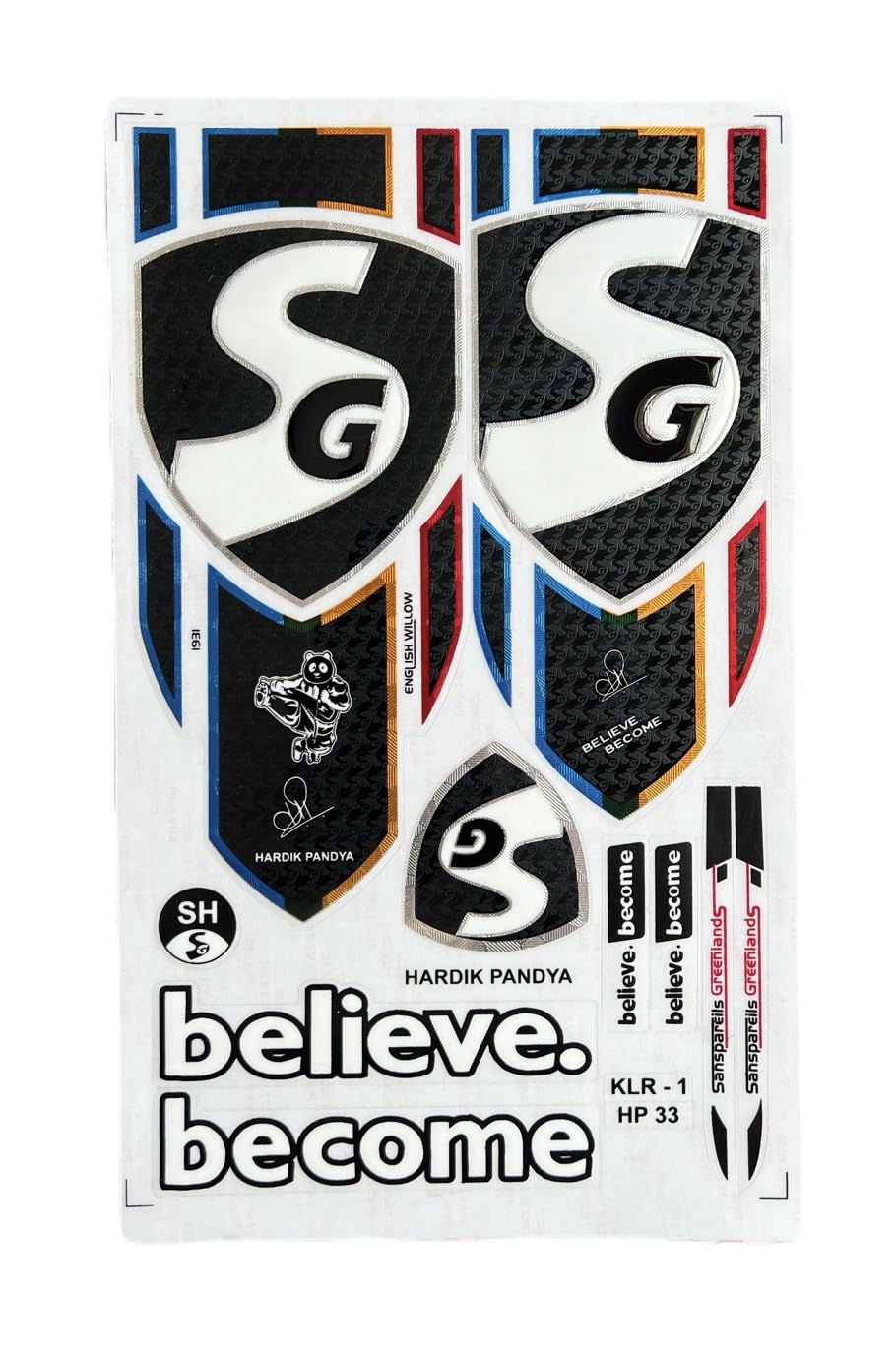 SG Hardik Pandya HP 33 Cricket Bat Sticker Set, English Willow | Believe Become Design, SH Size, Multicolour Decals, Full Sticker Sheet, KLR-1 Edition-image-34