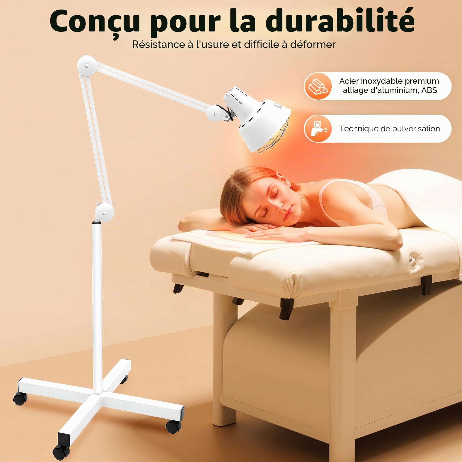 Lampe à Infrarouge 275W Lumière Rouge Lampe de Chaleur Thérapeutique avec Support, Rotatif à 360° & Réglable en Hauteur, 4 Roues, Lampe à Lumière Infrarouge pour la Détente des Muscles, Usage