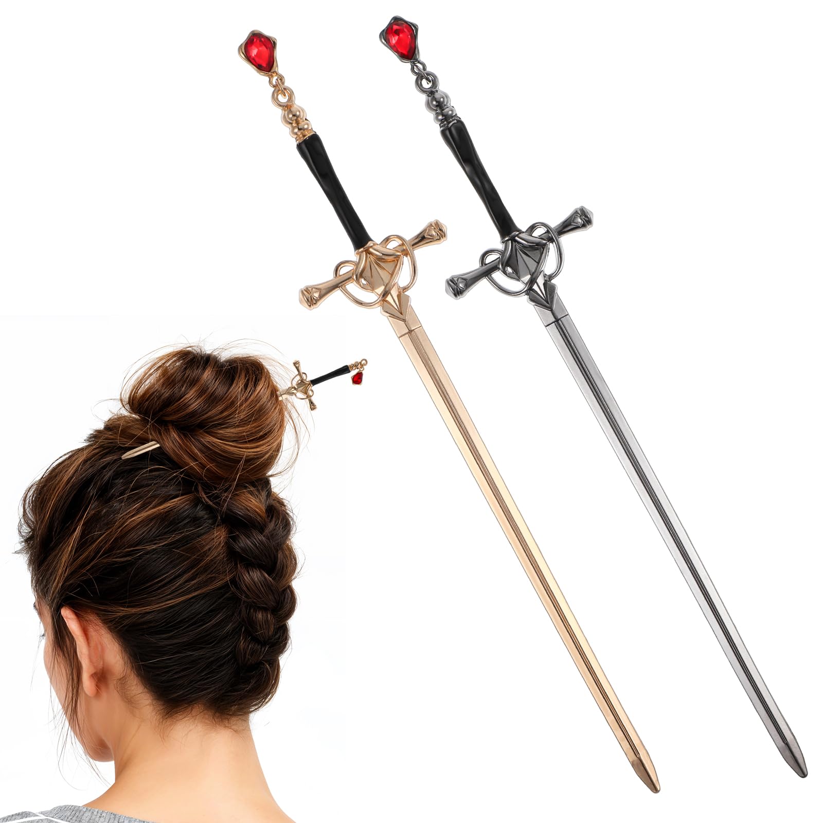 2 PCS Hair Sticks Chinese Sword Chinese Hair Accessories Sticks Simple and Elegant Hair Pins Sticks for Women and Girls Daily Wear Buns with Hair Gems Tassel Sword