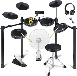 Fesley Electric Drum Set: 5 Drums 3 Cymbals, Quiet Mesh Pads, Full Kit for Beginners & Adults w/ Throne, Headphones, MIDI
