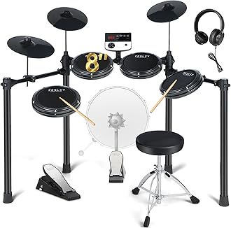 Fesley Electric Drum Set: 5 Drums 3 Cymbals with 4 Quiet Mesh Drum Pads, Electronic Drum Set for Beginner Adult, E Drum Kit with Throne, Headphone, Drumsticks, USB MIDI, Intelligent Sound Module