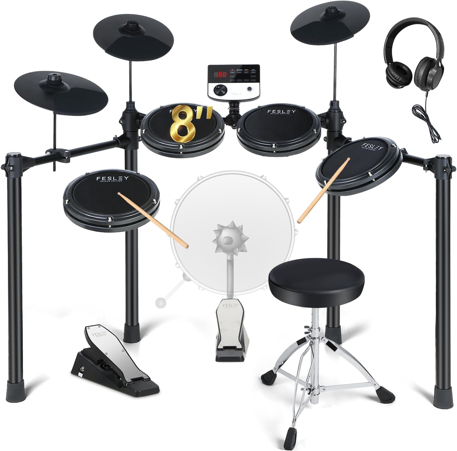Electric Drum Set: 5 Drums 3 Cymbals with 4 Quiet Mesh Drum Pads, Electronic Drum Set for Beginner Adult, E Drum Kit with Throne, Headphone, Drumsticks, USB MIDI, Intelligent Sound Module
