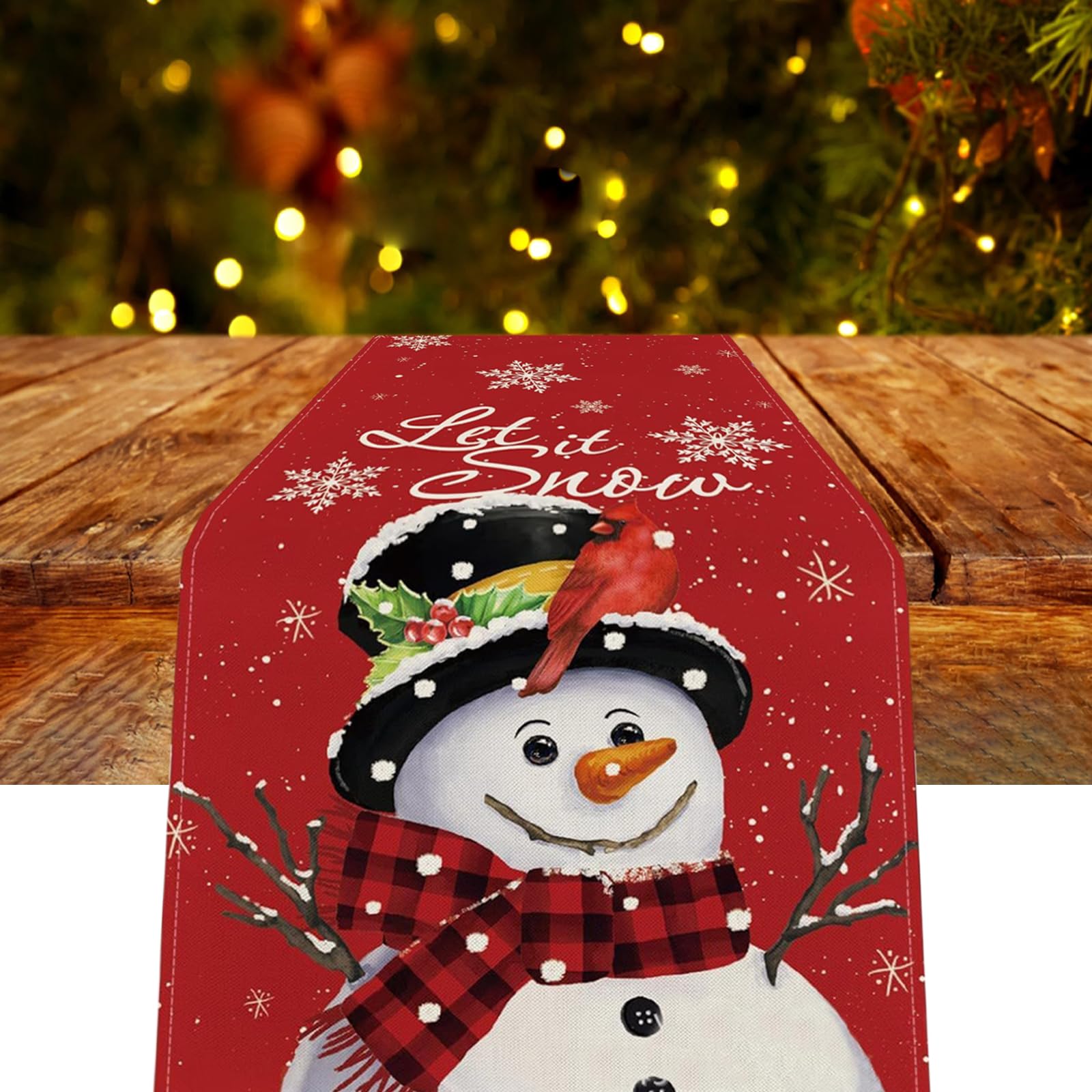 wadafen Camino de Mesa Navidad, Camino de Mesa Navideño de Lino Rojo con Copo de Nieve y Muñeco de Nieve, Camino Mesa para Decoracion Navidad Fiesta(33x183 cm)