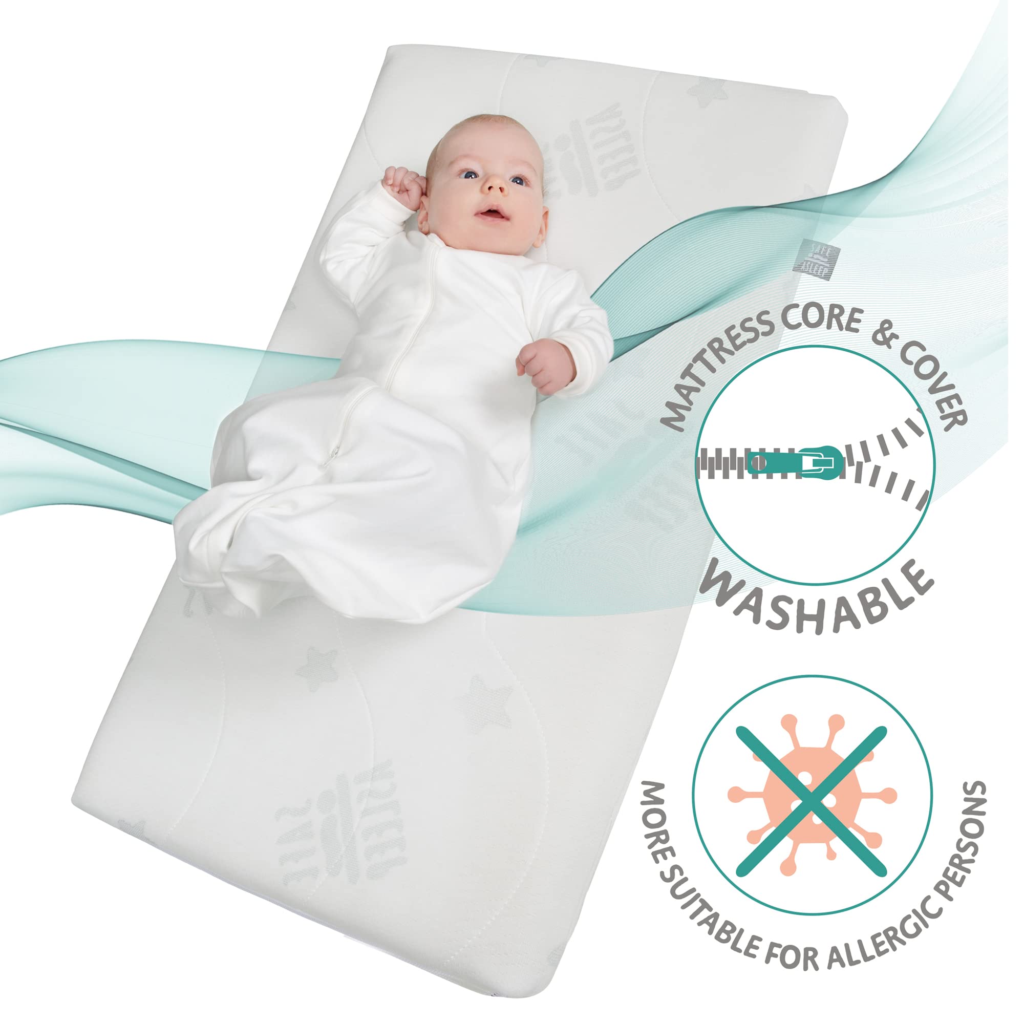 roba Lit Cododo 45 x 90 cm safe asleep® 2 en 1 - Hauteur Réglable - Petit Lit Complet avec Matelas + Barrière en Toile + Bordure en Maille - Ensemble de Lit Bébé - Bois Blanc