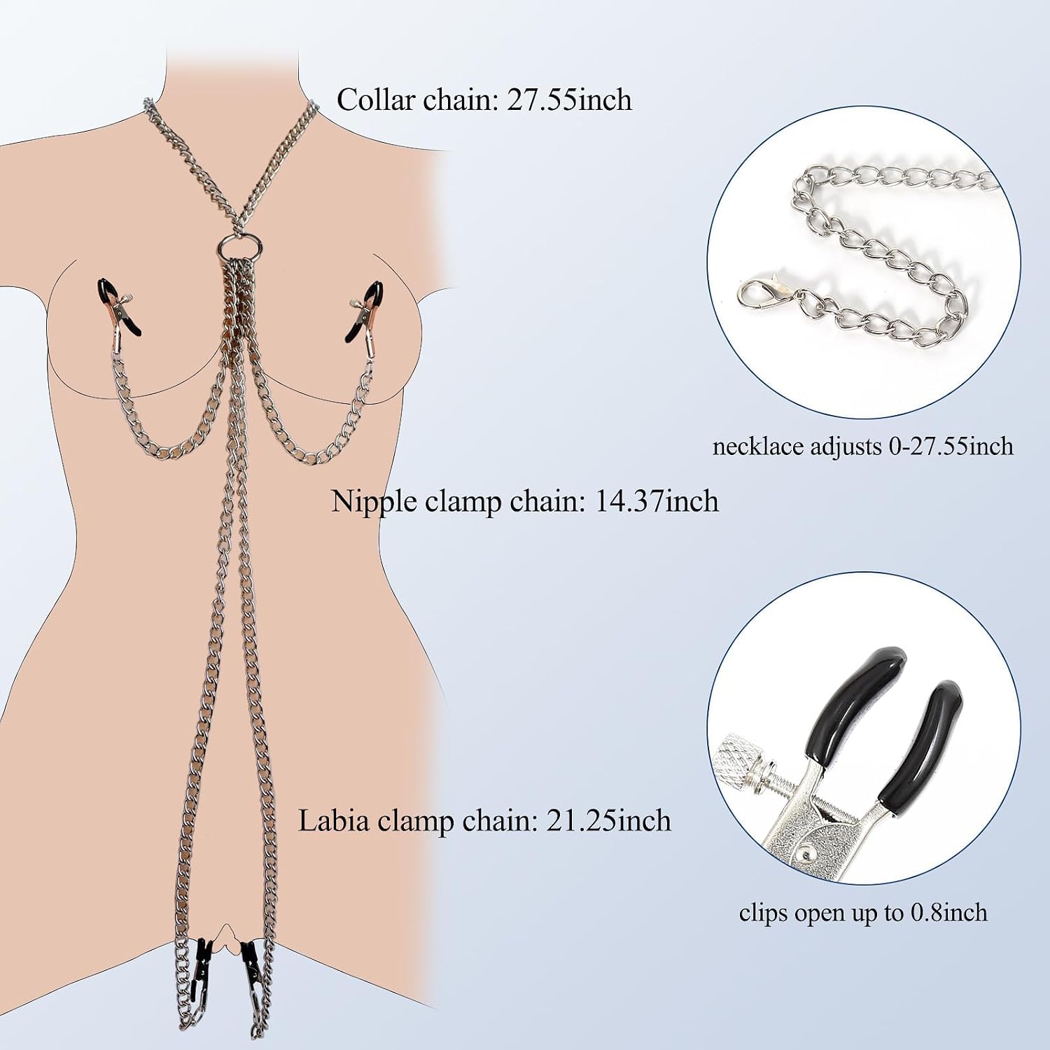 BDSM Sexy Nipple Clamps Pussy Clamps with Chain Non-Piercing Set Body Jewelry, Adjustable Breast Clips Labia Clit Clamp, Sex Bondage Restraint Fetish Flirting Kinky Sex Toys for Women (Silver)
