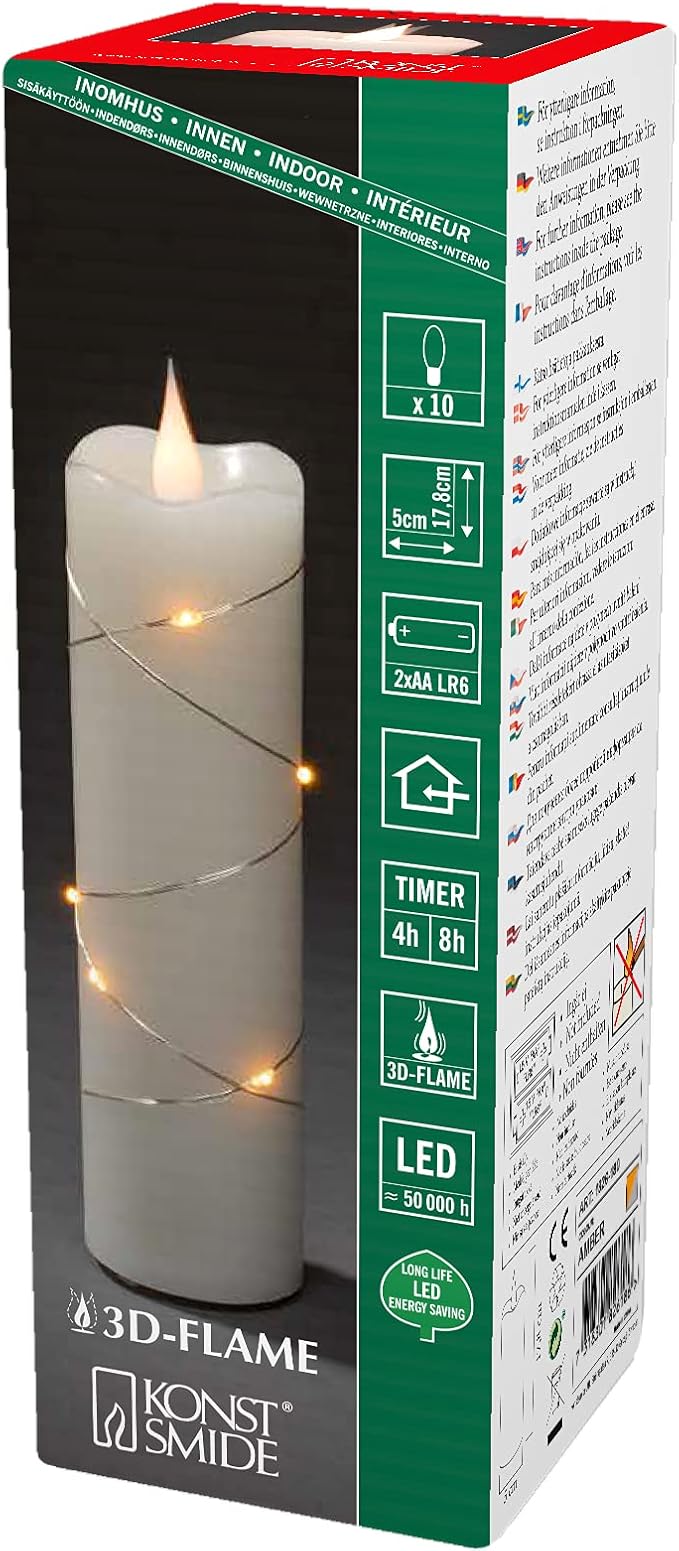 Konstsmide Velas delgadas sin llama, luz de vida 3D, funciona con pilas, vela de llama móvil parpadeante, cera de marfil real, luces de hadas, función de temporizador de 4 u 8 horas, 17,8 x 5 cm
