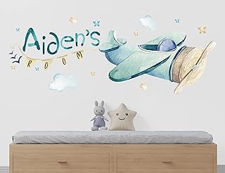 Name Airplane Stickers for Wall - Kids Airplane Bed Name Decals for Walls - Baby Name Wall Decor - Nursery Wall Decal - Baby Name Signs for Kids Room - Airplane Decor for Boys Room - Adventure Decor