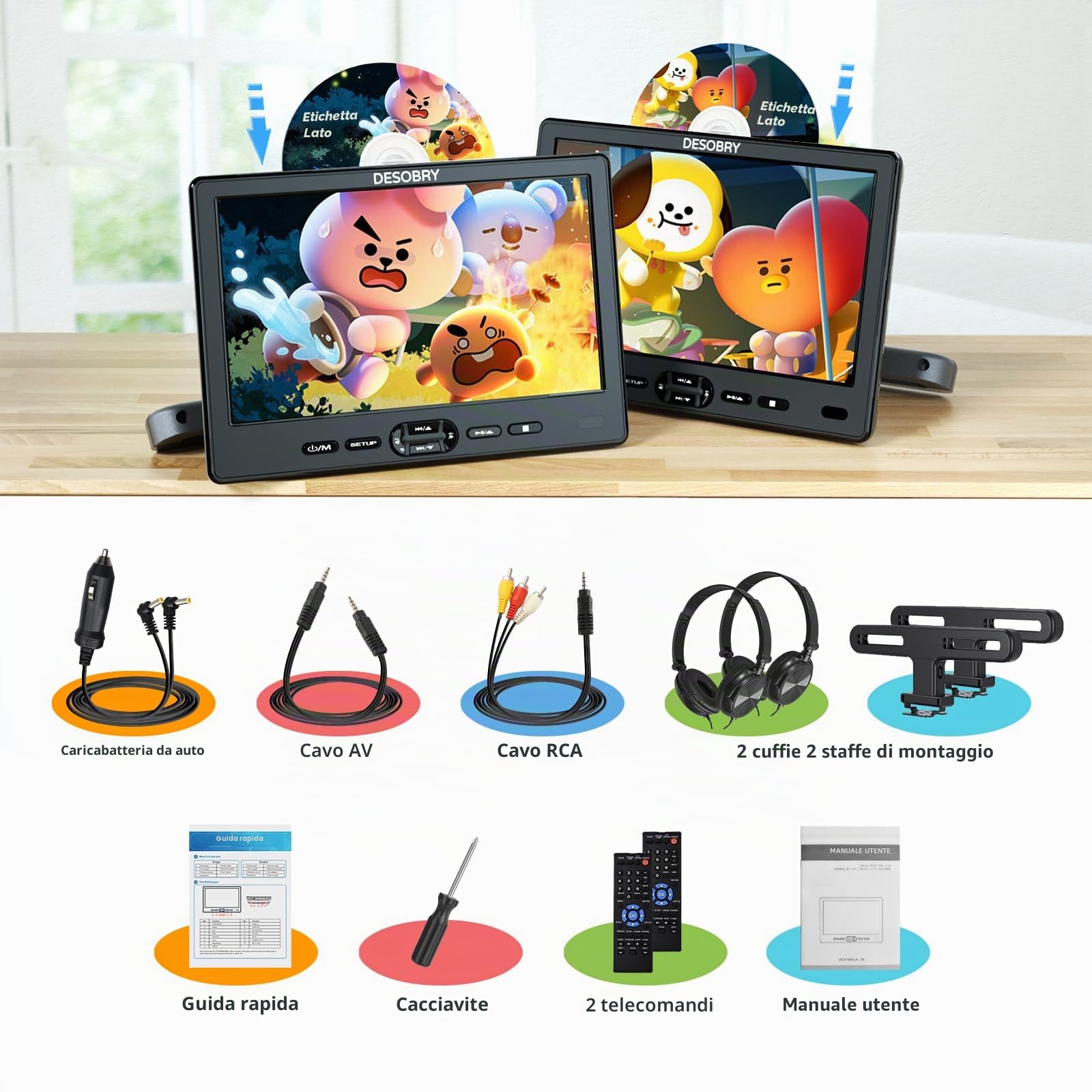 DESOBRY Lettore DVD da Poggiatesta per Auto 10,5 pollici 2 monitor poggiatesta 2 cuffie HDMI ingresso AV cavo, bambini TV supporta 1080P, supporto dello schermo auto USB/SD, ultima memoria