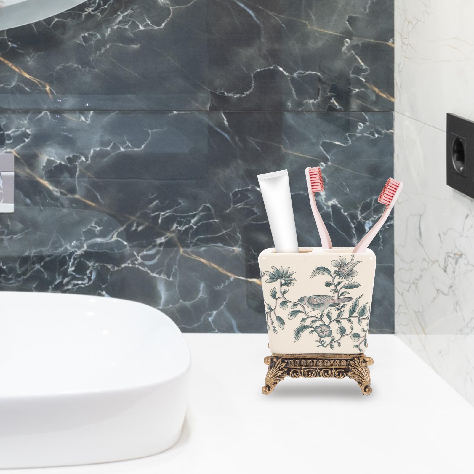 Supporto Porta Spazzolini e Dentifricio in Ceramica, Stile Vintage Europeo, Design Multi-funzionale per Bagno di Casa, per Famiglie e Uso Domestico