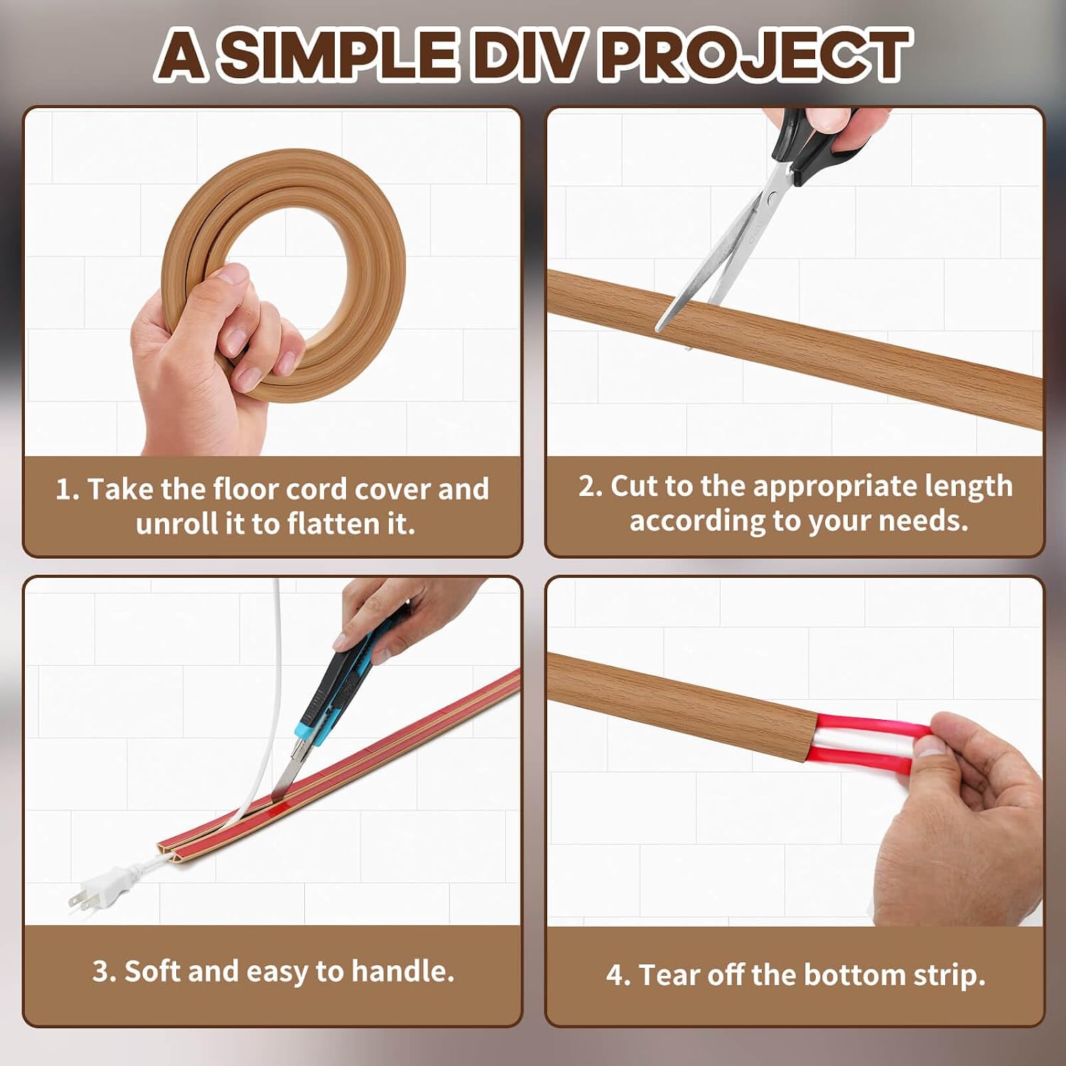 Floor Cord Cover, Floor Cable Cover, Cord Hider Floor, Soft PVC Self Adhesive, Extension Cord Covers for Floor, Prevent Cable Trips,for Offices, Gyms, Exhibitions (Light Brown Wood, 4feet)